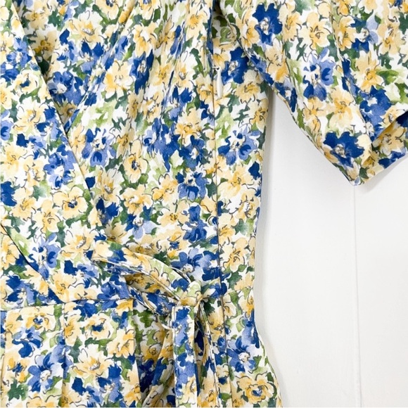 A.P.C. APC Mathilda Floral Midi Dress Dab Jaune Clair Blue Yellow Faux Wrap US 6 - Picture 11 of 16